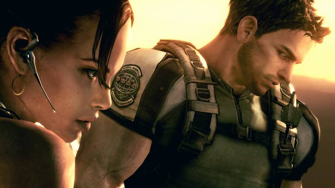 Chris and Sheva looking at something below them in Resident Evil 5.