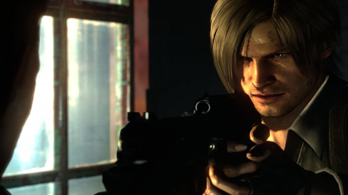 Leon Kennedy holding a gun in a tense standoff with another character in Resident Evil 6.