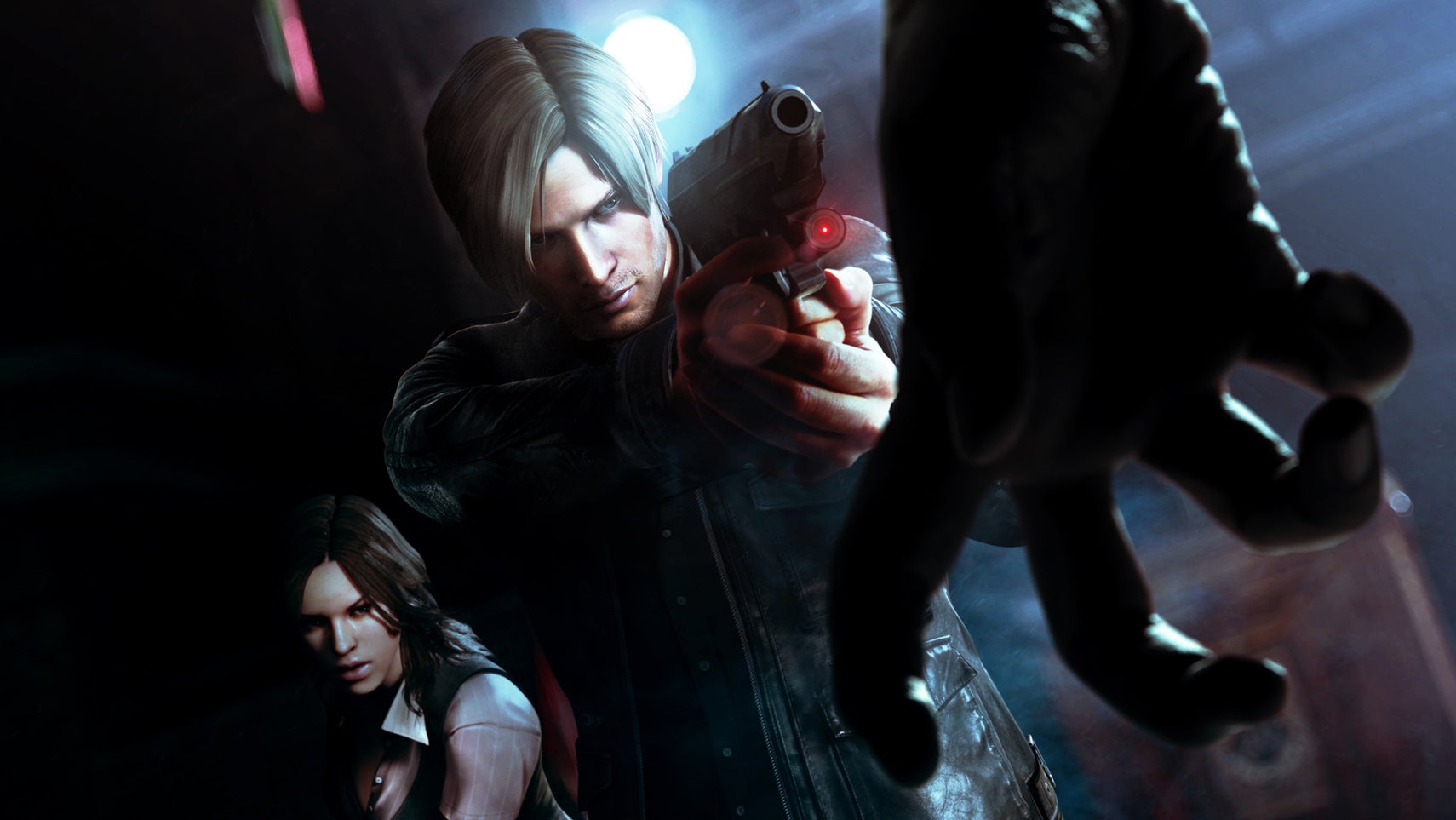 Leon Kennedy has a gun pointed at a zombie, its had visible in the foreground, in key art for Resident Evil 6. - 1