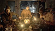 A Resident Evil 7 screenshot showing the villainous Baker family gathered around the dinner table.