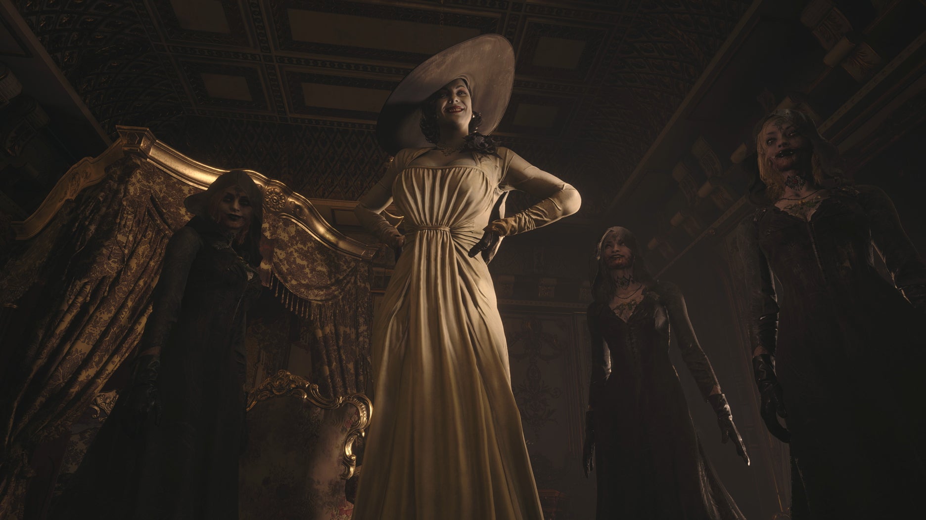 Lady Dimitrescu, flanked by other sinister characters, looking at Ethan Winters in Resident Evil Village.