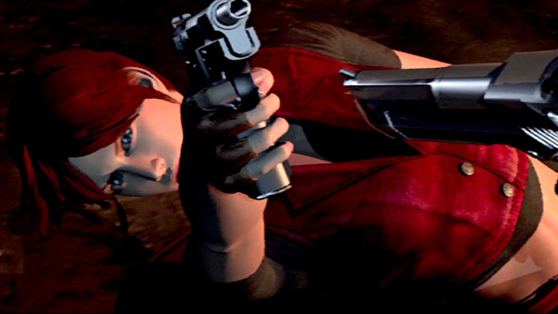 Claire Redfield with a gun pointed at her in Resident Evil Code Veronica.
