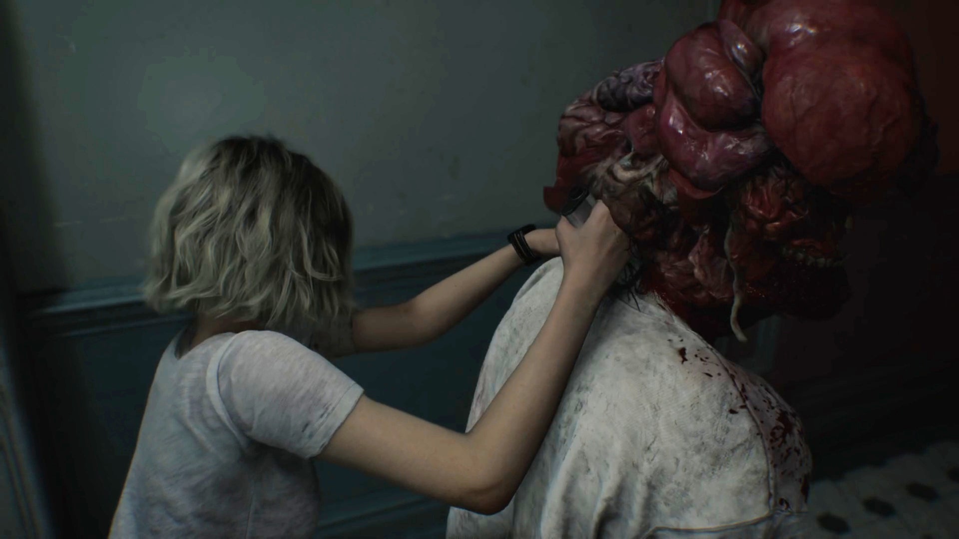 Grace using a hemolytic injector on a Blister Head in RE9.