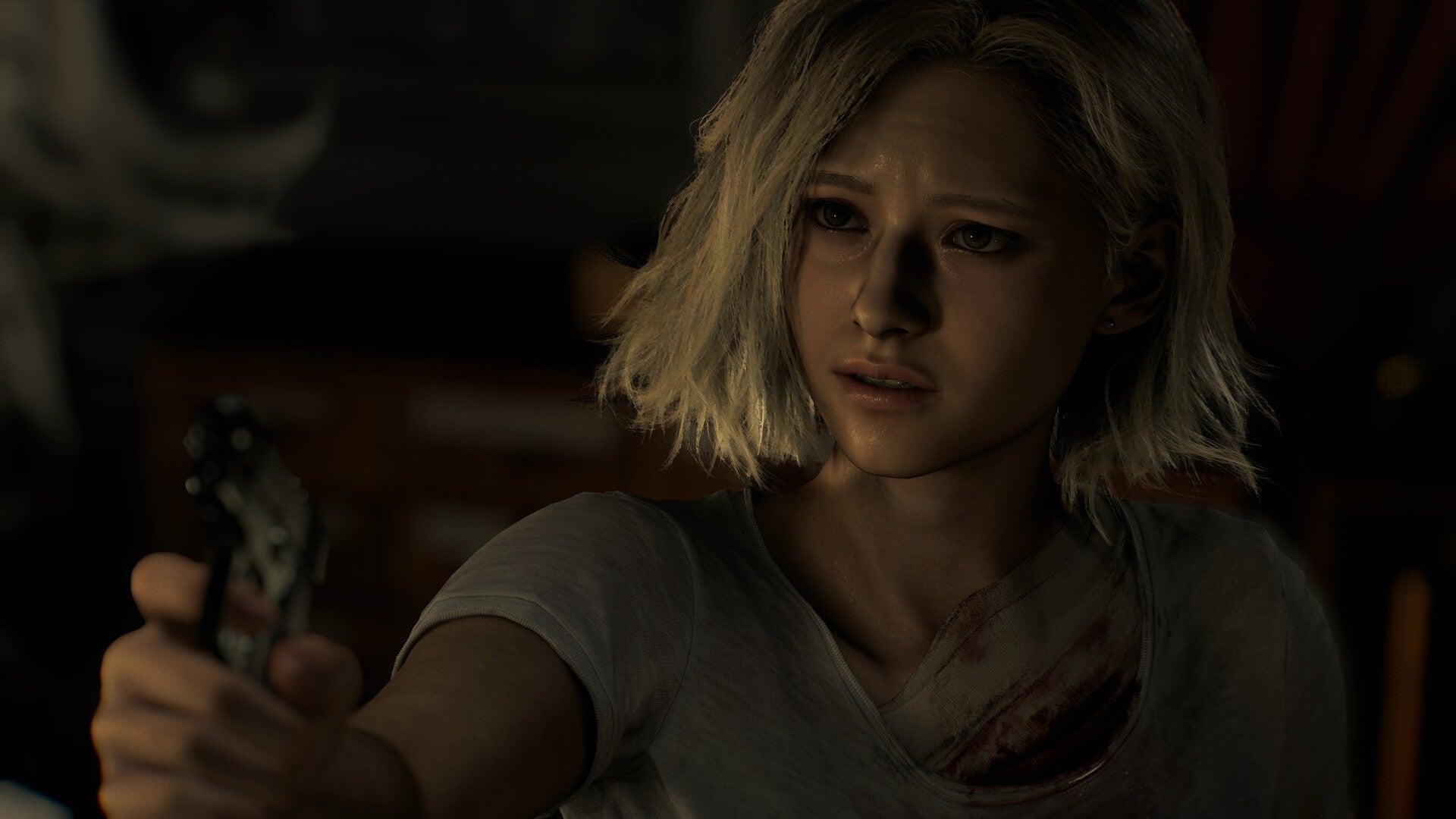 Young blonde woman Grace from Resident Evil Requiem, pointing a pistol at something out of shot while looking spooked. - 1