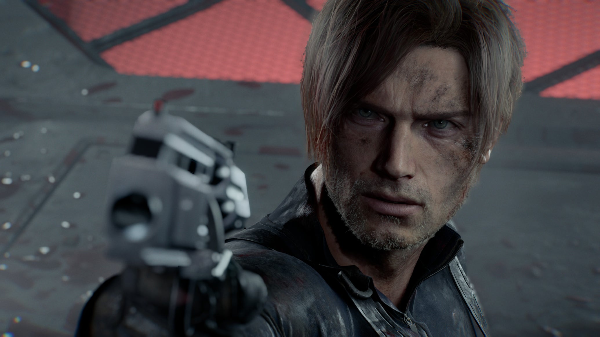 Resident Evil Requiem screenshot showing a close-up of a frowning Leon S. Kennedy, covered in dirt and pointing a gun at someone out of frame.