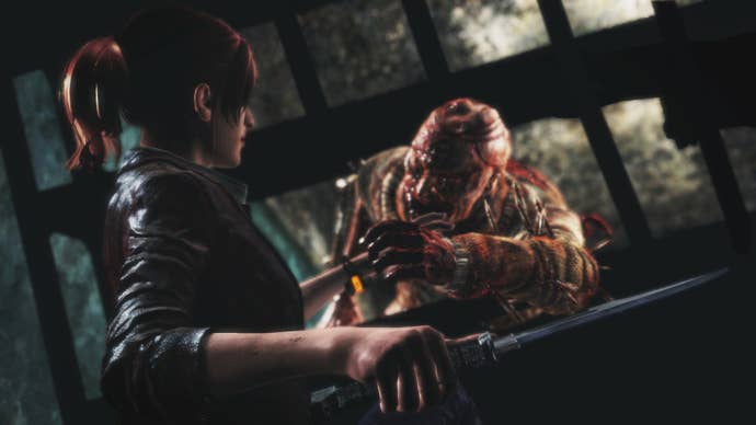 Claire Redfield attacking a monstrous creature in Resident Evil Revelations 2.