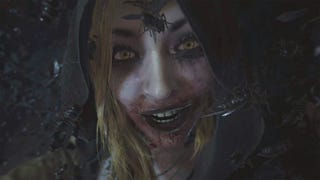 A close-up of one of Lady Dimitrescu's daughters from Resident Evil Village, with bugs flying all around her