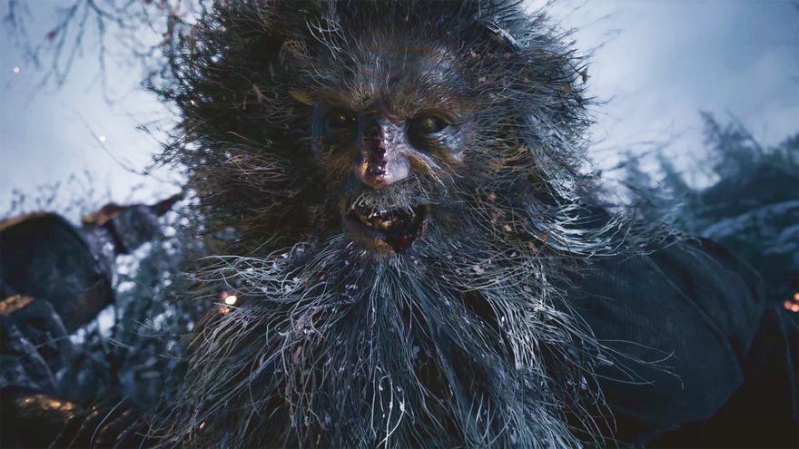 A scary lycan giant from Resident Evil Village looking directly in the eyes of protagonist Ethen Winters