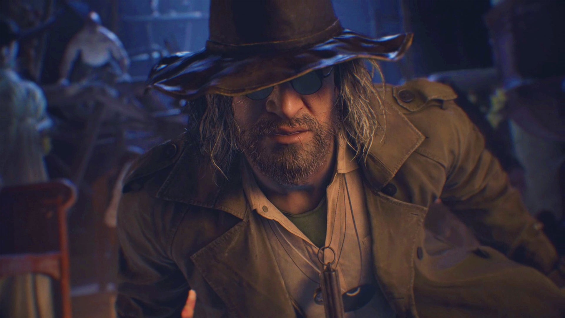 A close up of Karl Heisenberg from Resident Evil Village, with lycans in the background.