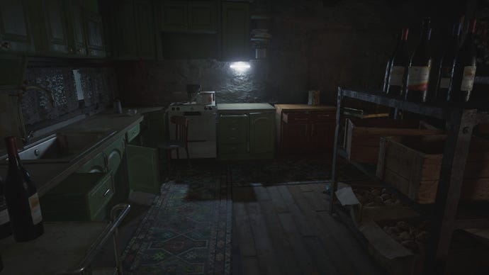 A house interior in Resident Evil Village with ray tracing switched off