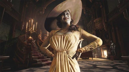 Lady Alcina Dimitrescu of Resident Evil Village standing in the entrance of her castle