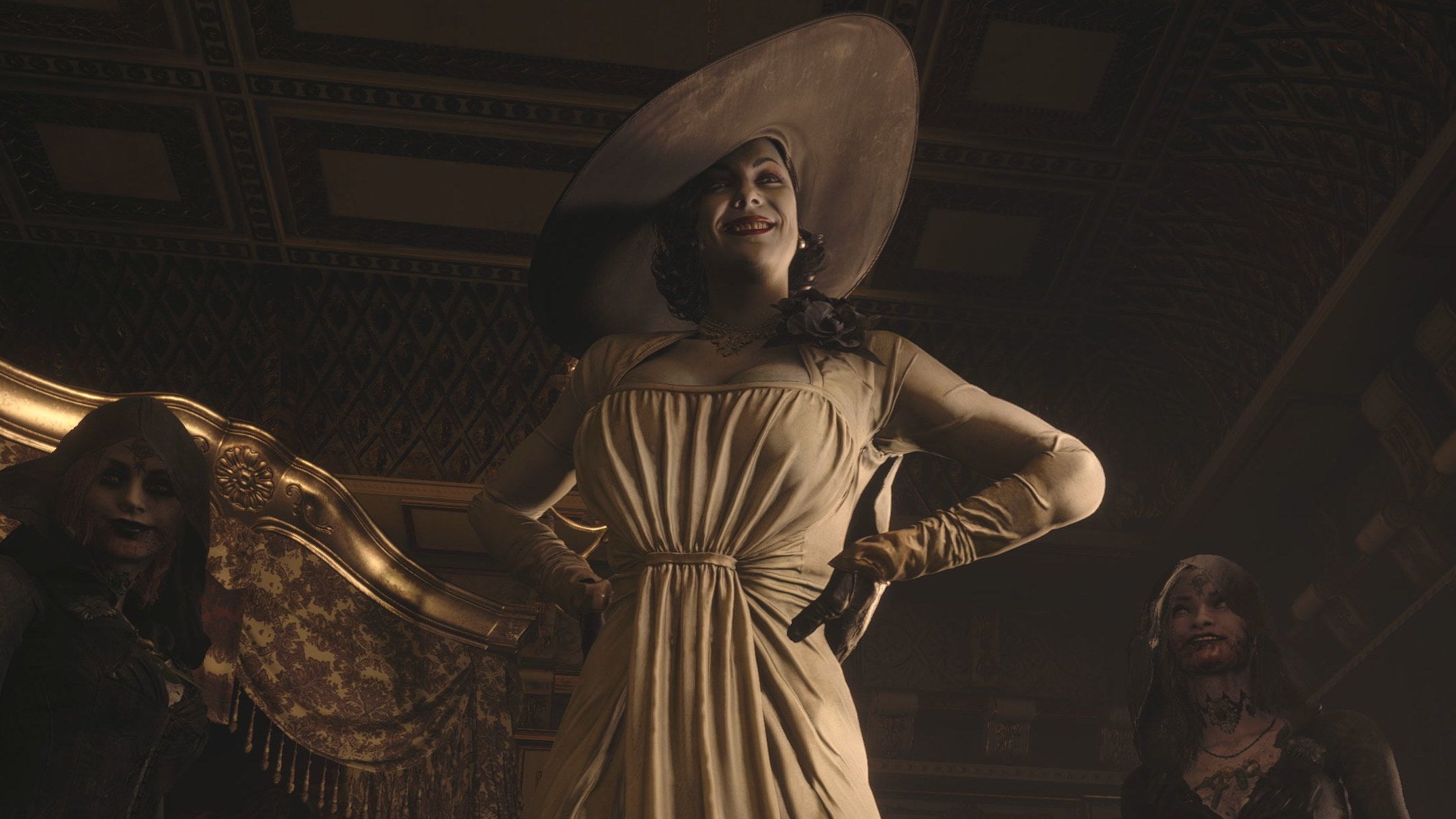 Lady Dimitrescu looms large in a Resident Evil Village screenshot.