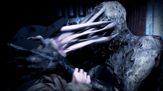 Rose gets her face slurped by a horrible mold man in Resident Evil Village’s Shadows Of Rose DLC