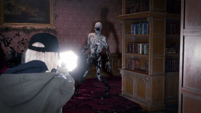 Rose fires a gun at a mold man in a library in Resident Evil Village’s Shadows Of Rose DLC