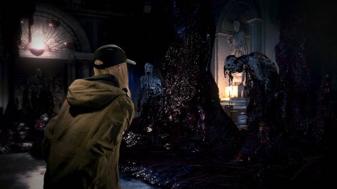 Rose stares at two mold men glooping out of some gungey walls in Resident Evil Village’s Shadows Of Rose DLC