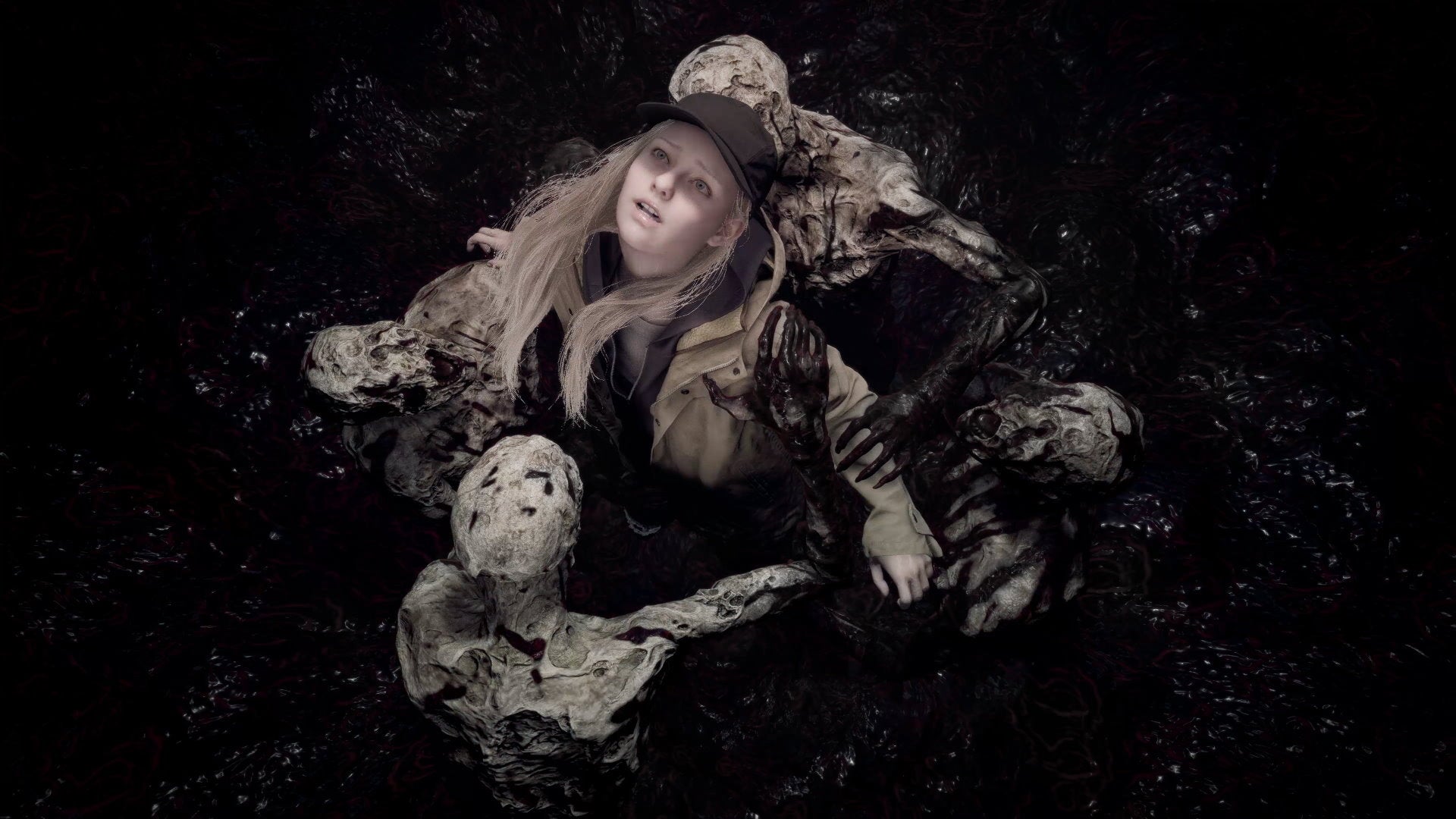 Rose is being pulled into black goo by three mold monsters in Resident Evil Village&rsquo;s Shadows Of Rose DLC