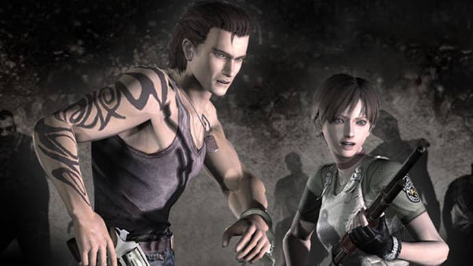 Artwork for Resident Evil Zero, showing main characters Rebecca Chambers and Billy Coen.