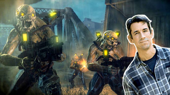 A screenshot from Resistance 3 showing a group of aliens standing on a steel railway bridge opening fire on an unseen opponent. A superimposed shot of Insomniac Games boss Ted Price peeks in from the corner of the image.