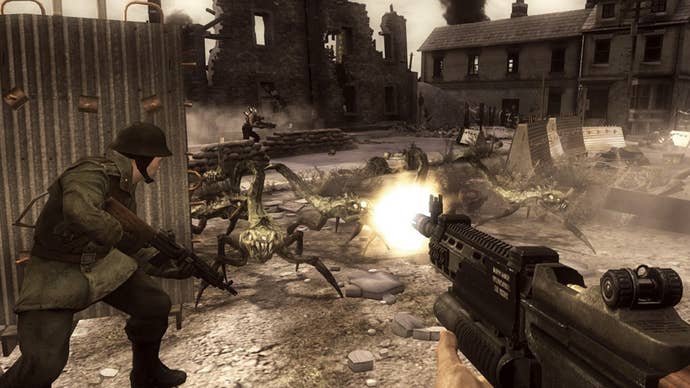A first-person perspective of soldiers shooting at aliens in Resistance: Fall of Man.