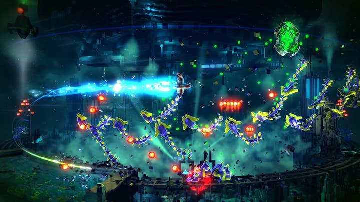 Chaotic screenshot of Resogun showing the player ship flying just above a swarm of enemy ships flying in different curving arcs and shooting in various directions