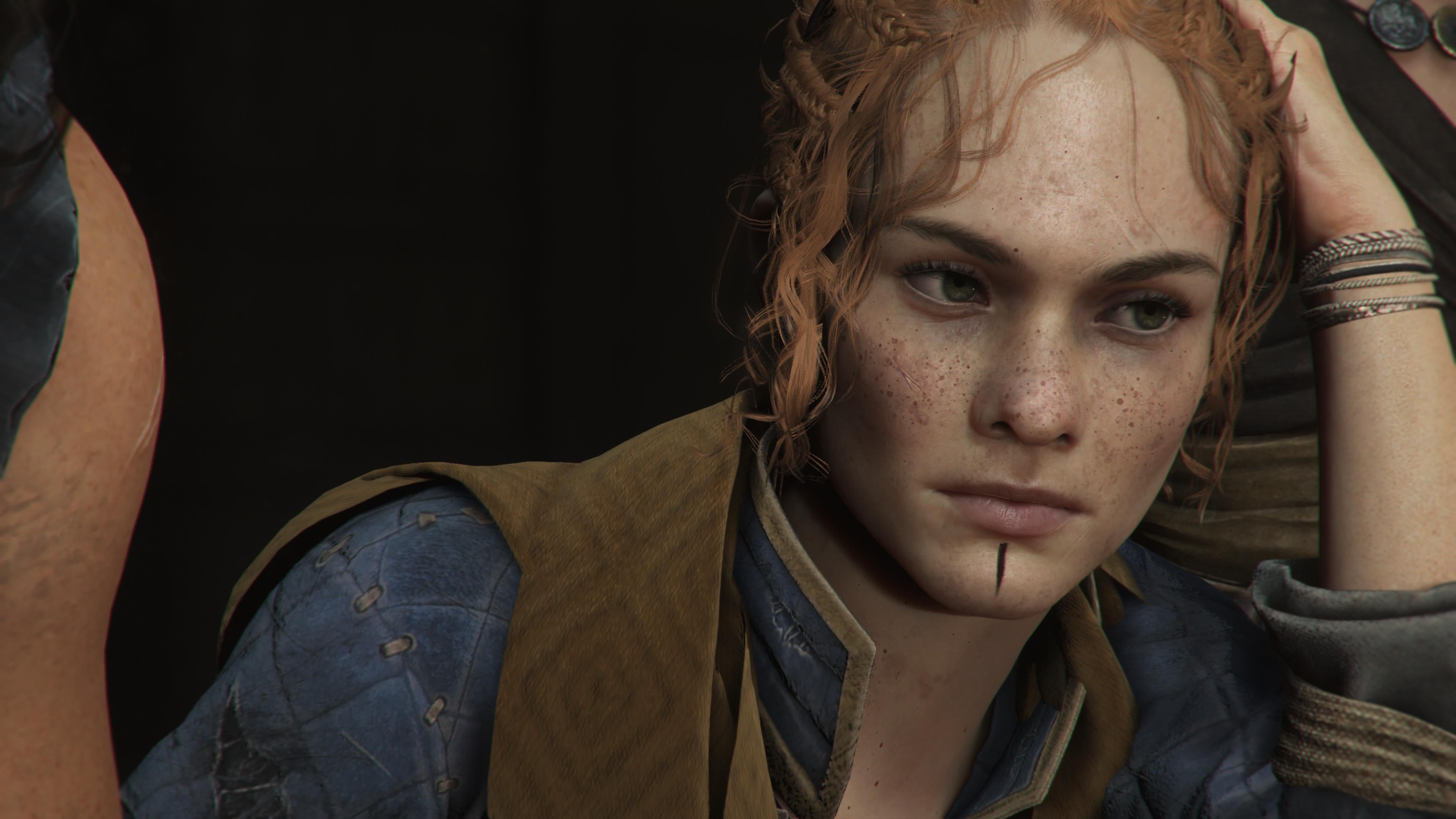Resonance: A Plague Tale Legacy screenshot showing a freckled, ginger-haired young thief Leni with a contemplative expression