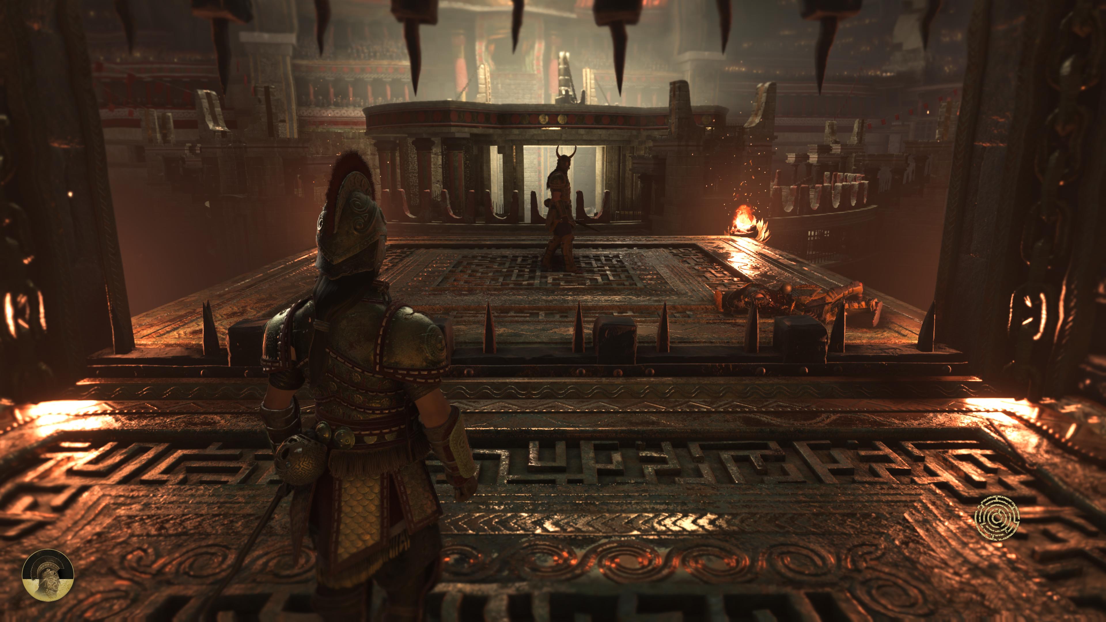 Resonance: A Plague Tale Legacy screenshot showing an armoured fighter about to enter an arena, where a prowling figure wearing a horned helmet is waiting to battle them