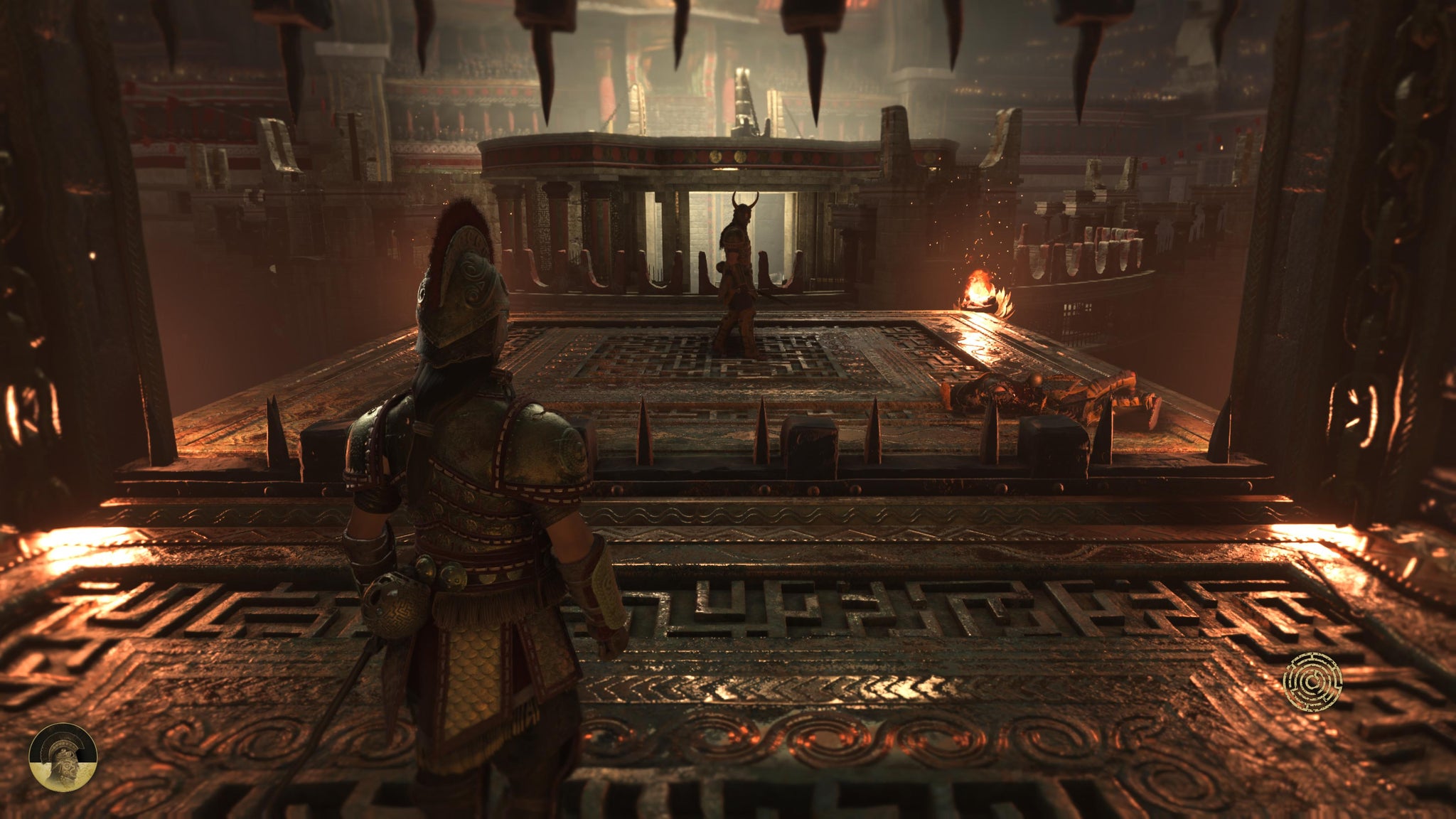 Resonance: A Plague Tale Legacy screenshot showing an armoured fighter about to enter an arena, where a prowling figure wearing a horned helmet is waiting to battle them