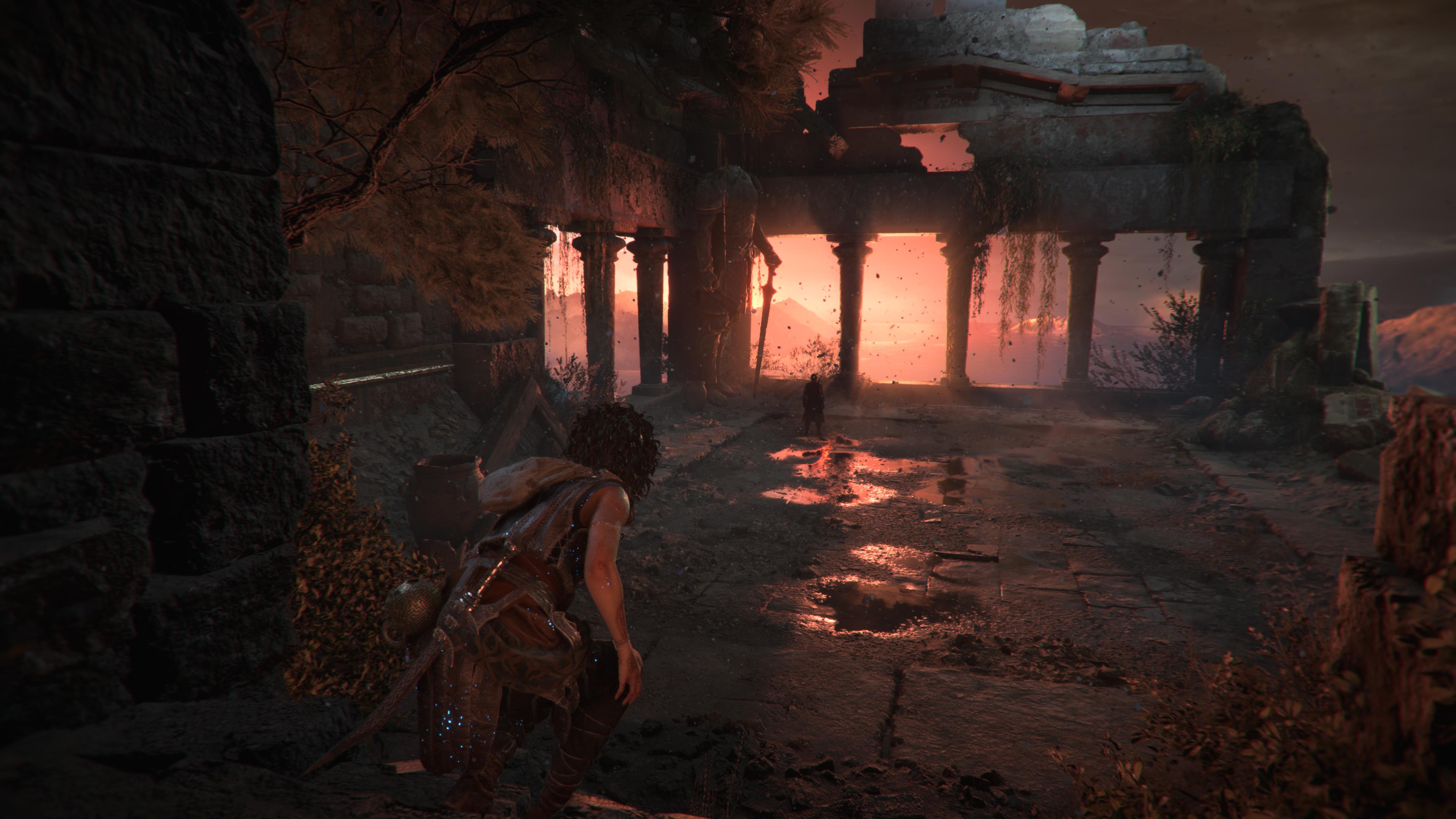 Resonance: A Plague Tale Legacy screenshot showing Sophia crouch-walking towards an unidentified figure, silhouetted against a handsome sunset