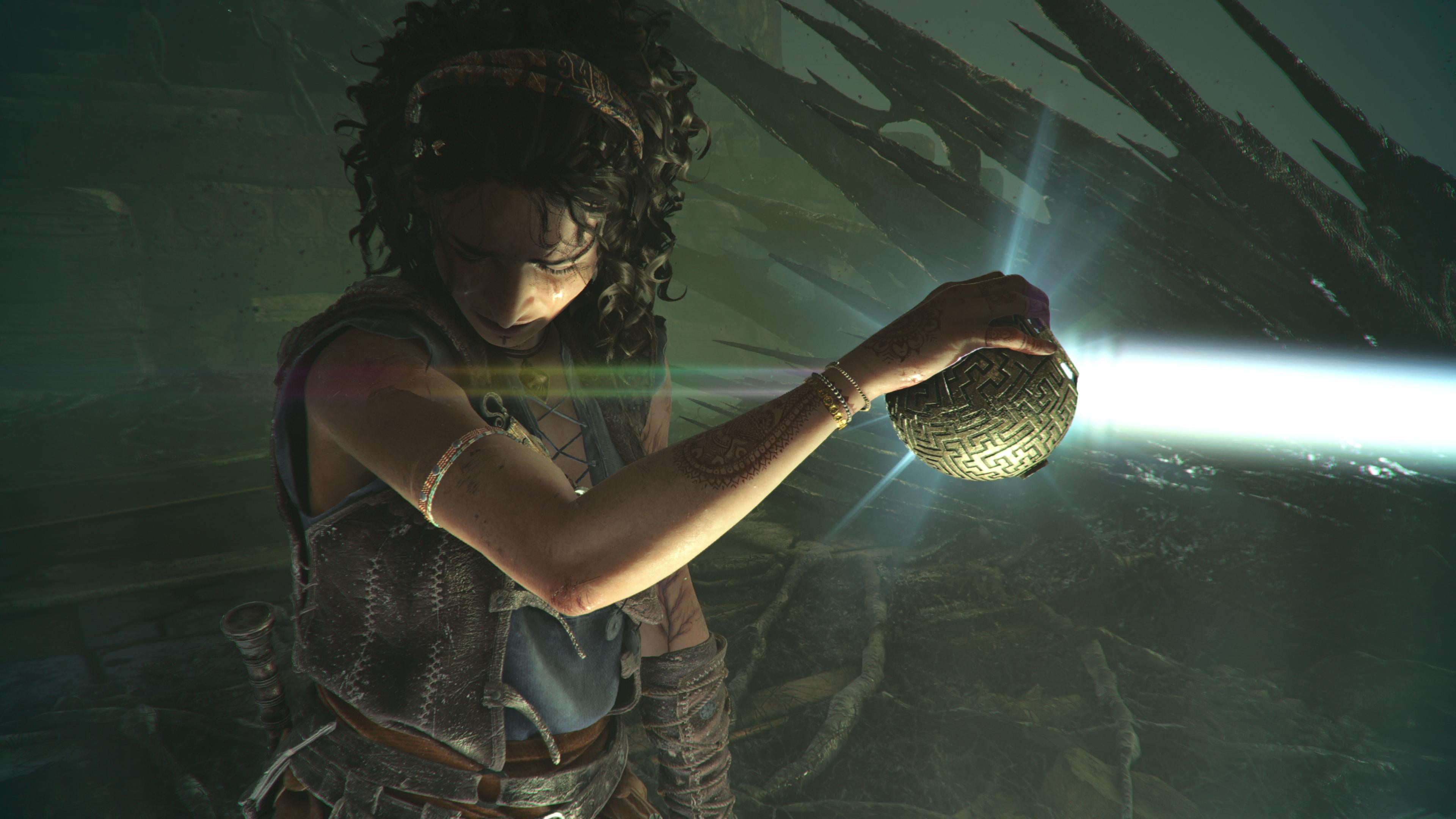 Resonance: A Plague Tale Legacy screenshot showing Sophia turning away from the glare of the light from her handheld sphere, as she shines it off-screen
