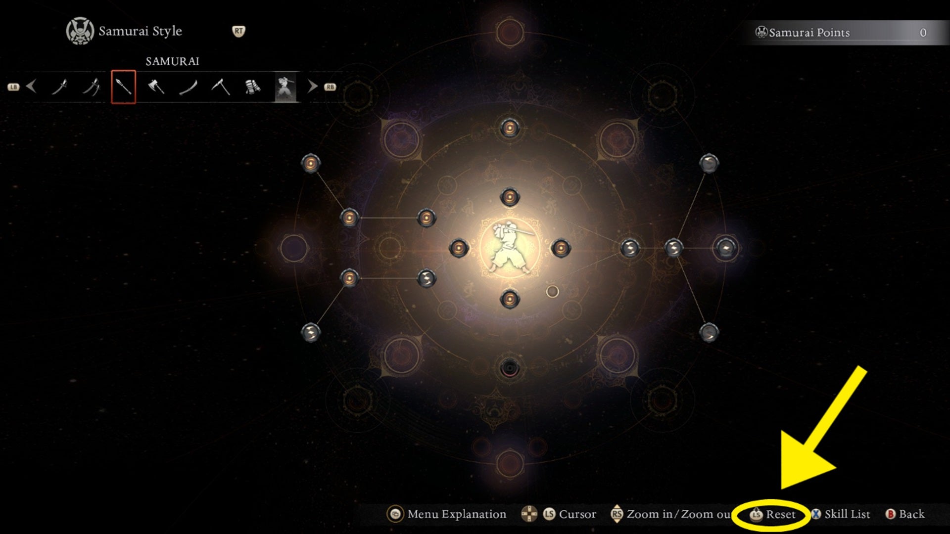 The Samurai menu in Nioh 3 with the Reset option highlighted by a yellow arrow. - 5