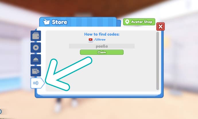 Arrow pointing at codes button in Restaurant Tycoon 2.
