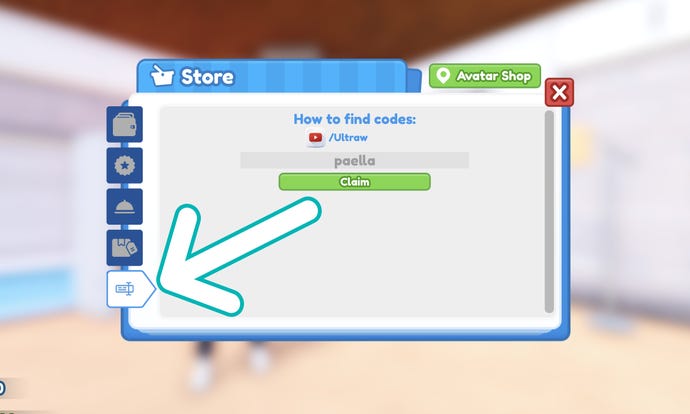 Arrow pointing at codes button in Restaurant Tycoon 2.