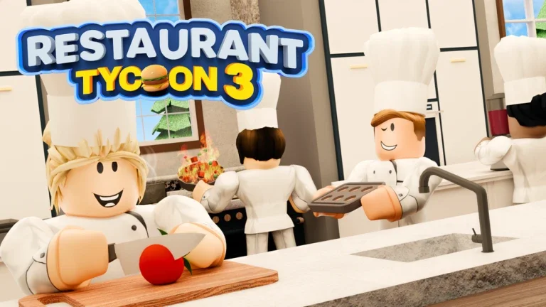 Artwork for the Roblox game Restaurant Tycoon 3 showing some Roblox characters dressed as chefs and cooking a meal in a kitchen.