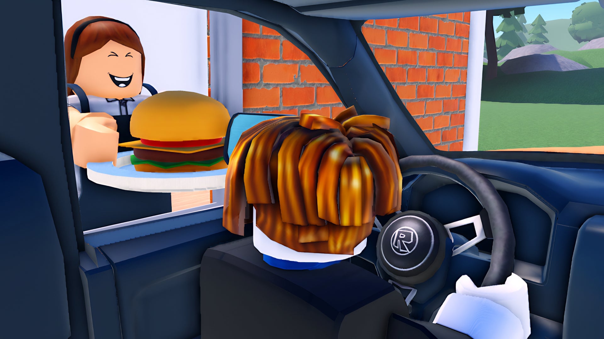 Artwork from the Roblox game Restaurant Tycoon 3, featuring a drive-through server handing a customer a burger through his car window. - 1