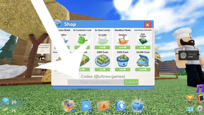 Arrow pointing at the menu used to redeem codes in the Roblox game Restaurant Tycoon 3.