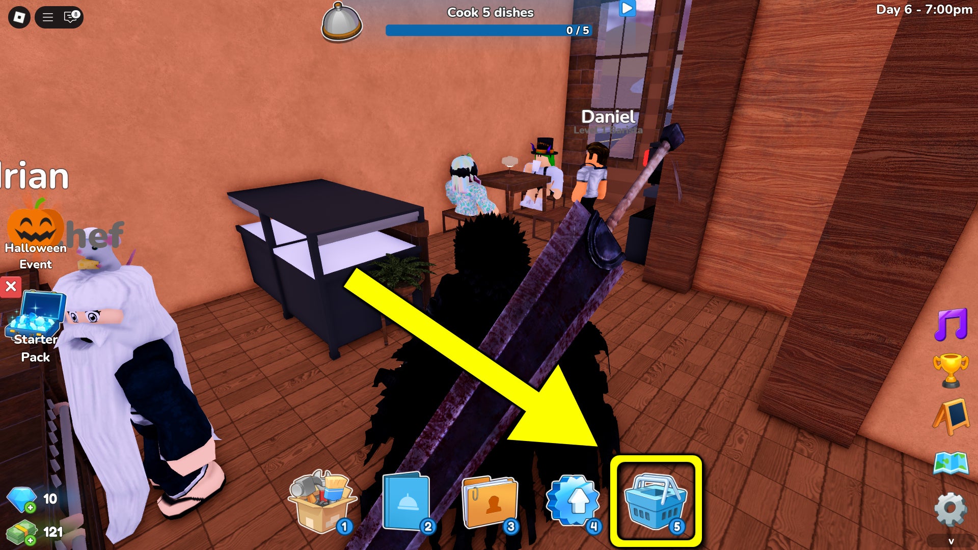 An in-game screenshot from the Roblox game Restaurant Tycoon 3, featuring an arrow pointing at the shop icon, where you'll find the codes bar. - 3