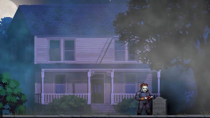 A 16-bit-style screenshot from WayForward’s RetroRealms: Halloween showing masked serial killer Michael Myers standing outside the Myers House.