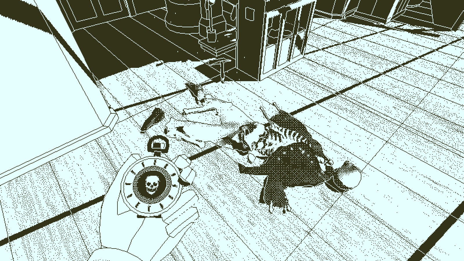 Staring at a skeleton in a Return of the Obra Dinn screenshot. - 1