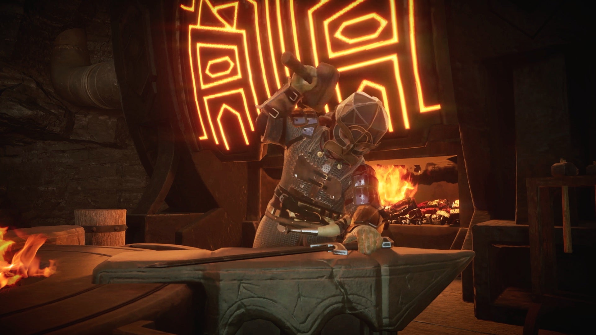 A Dwarf in The Lord Of The Rings: Return To Moria working at an anvil