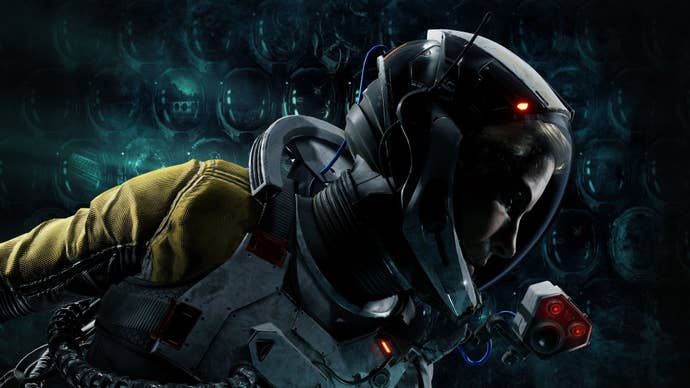 Returnal’s protagonist wearing a spacesuit, looking towards the right of the frame.