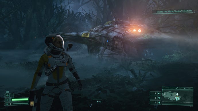 Selene leaves her ship in a dark forest area in Returnal