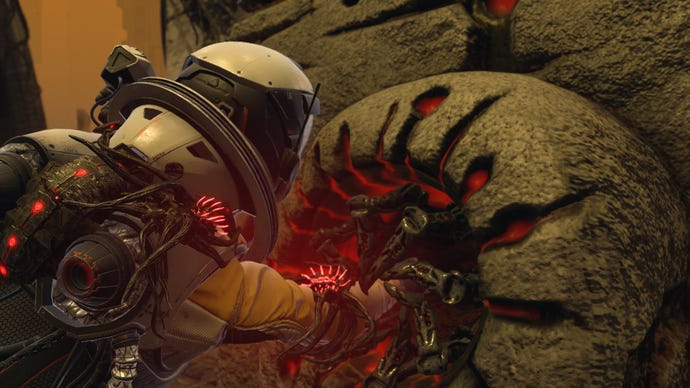 A Returnal screenshot showing Selene struggling with a tentacled alien creature that has her arm.