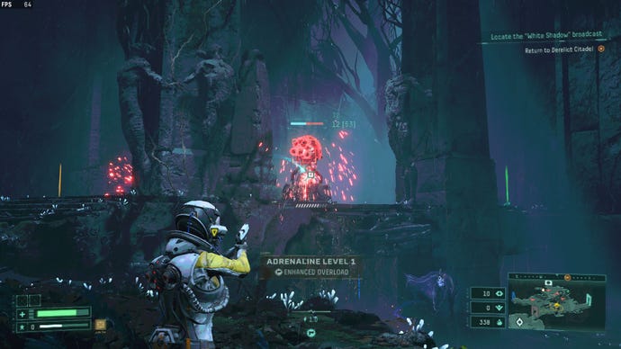 Selene from Returnal shooting at an alien creature that has a red glowing orb.