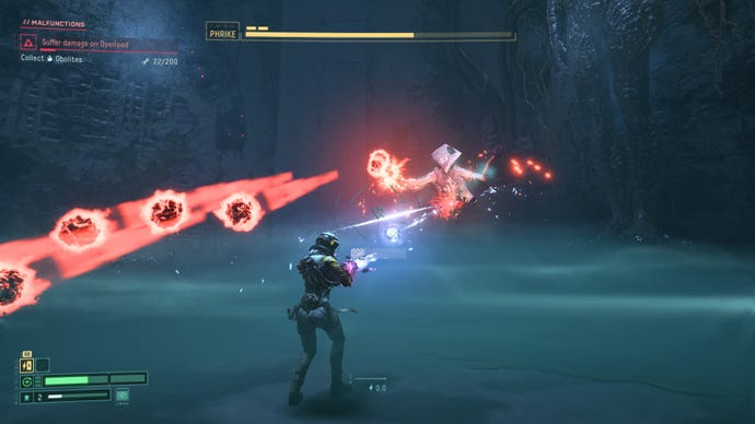 A flying alien fires glowing red orbs at Selene in Returnal