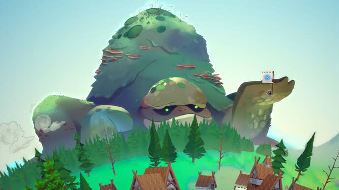 A giant frog god crouches next to a small village in Reus 2