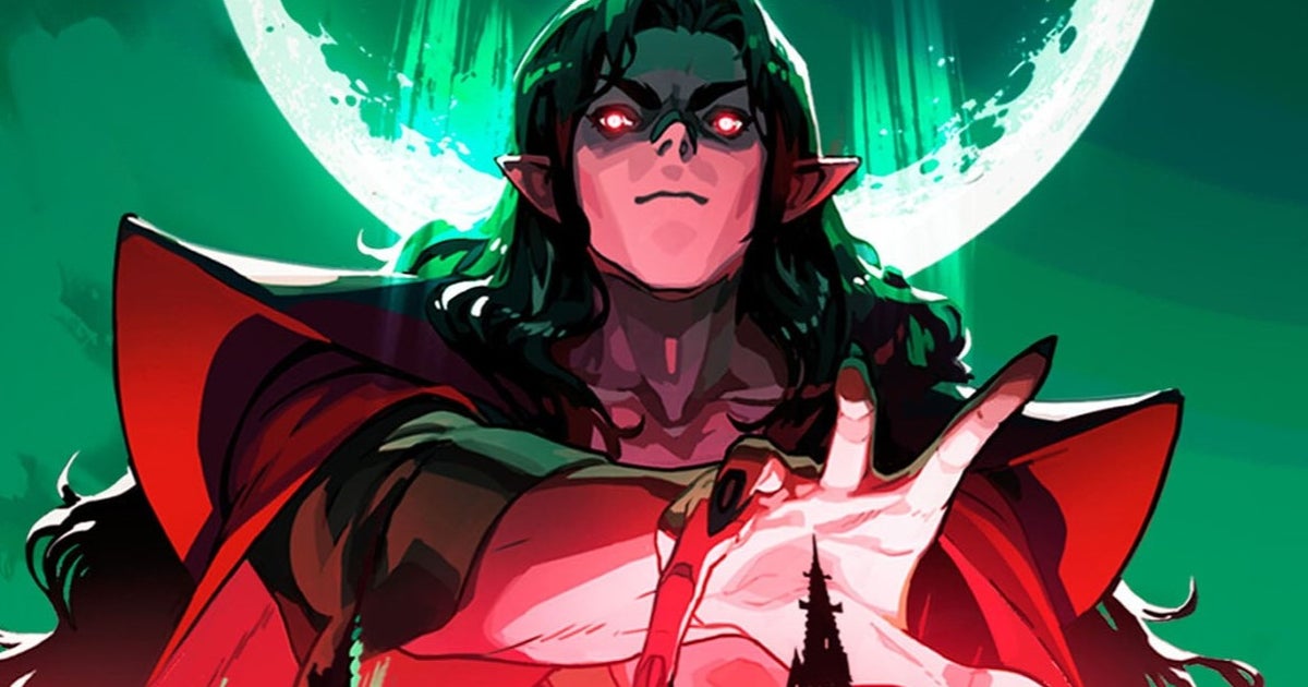 A red-lit anime Dracula glaring down at you against the backdrop of a green-black moon, from the game ReVamp.