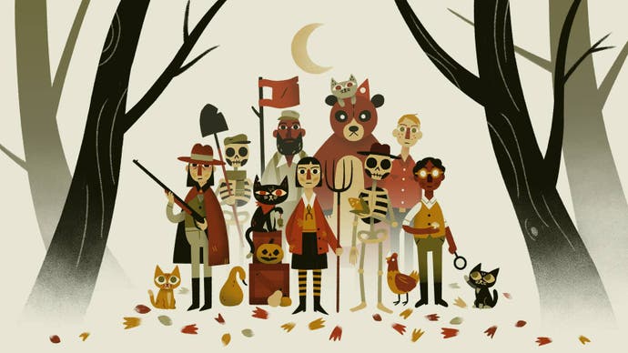 Promotional artwork for Revenant Hill showing the game's cast of characters - including Twigs the cat - gathered together in autumnal woods beneath a crescent moon.