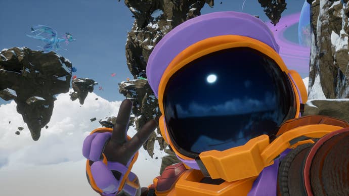A space-suit-visored character, takes a selfie in front of a floating archipelago.