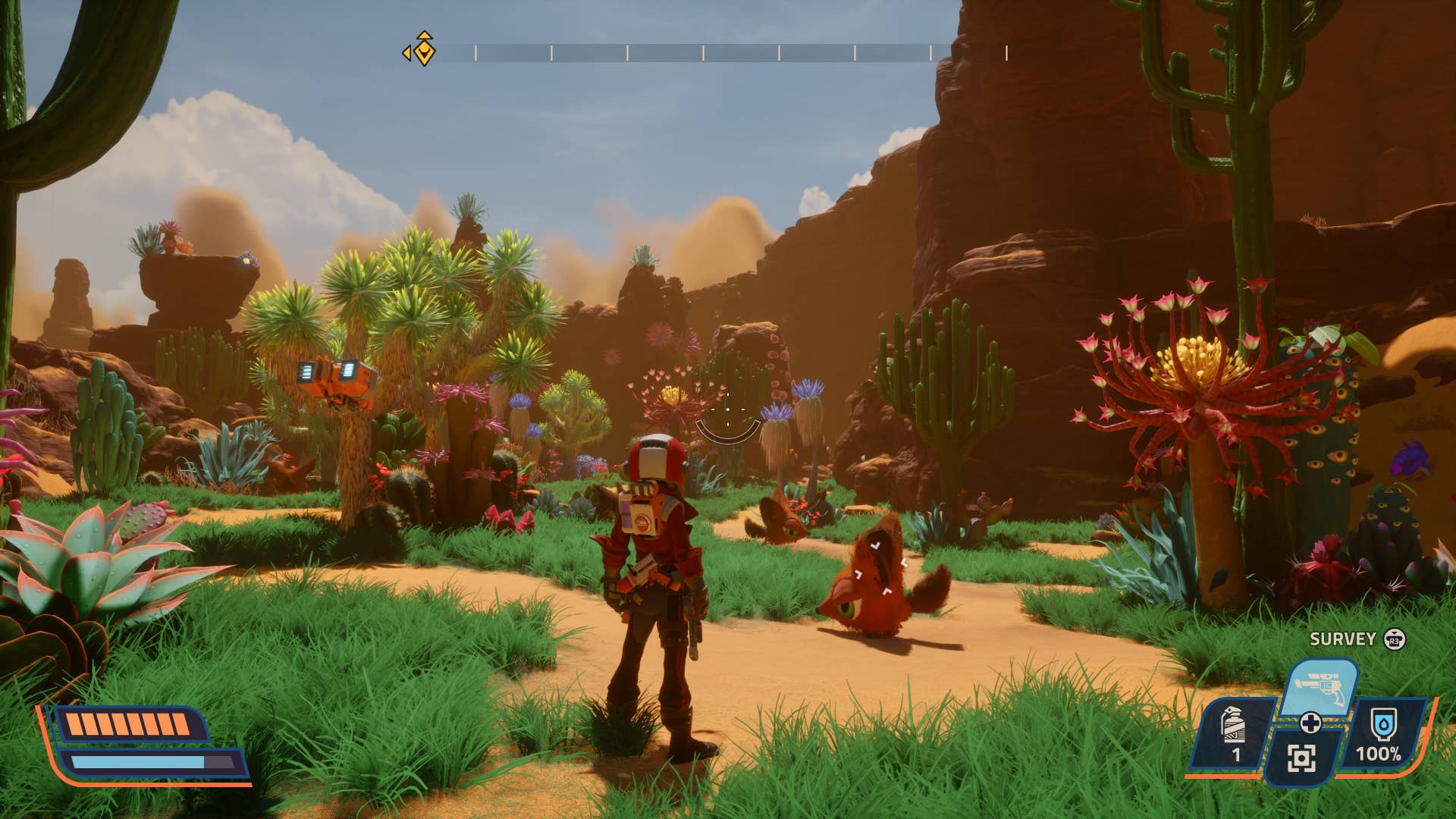A character in a space suit stands in a green and orange biome with strange creatures and gigantic plants.