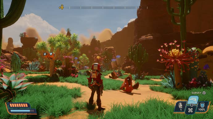 A character in a space suit stands in a green and orange biome with strange creatures and gigantic plants.